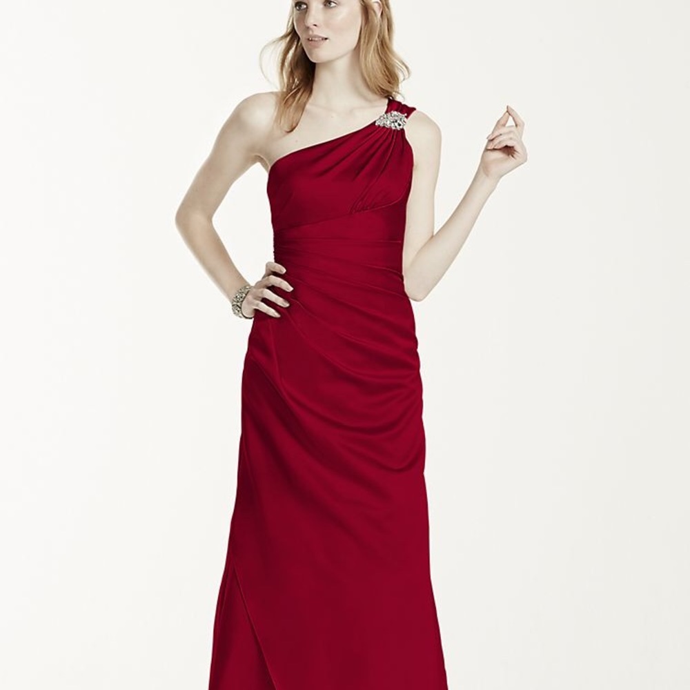 David’s Bridal One Shoulder Satin Dress w/ Brooch